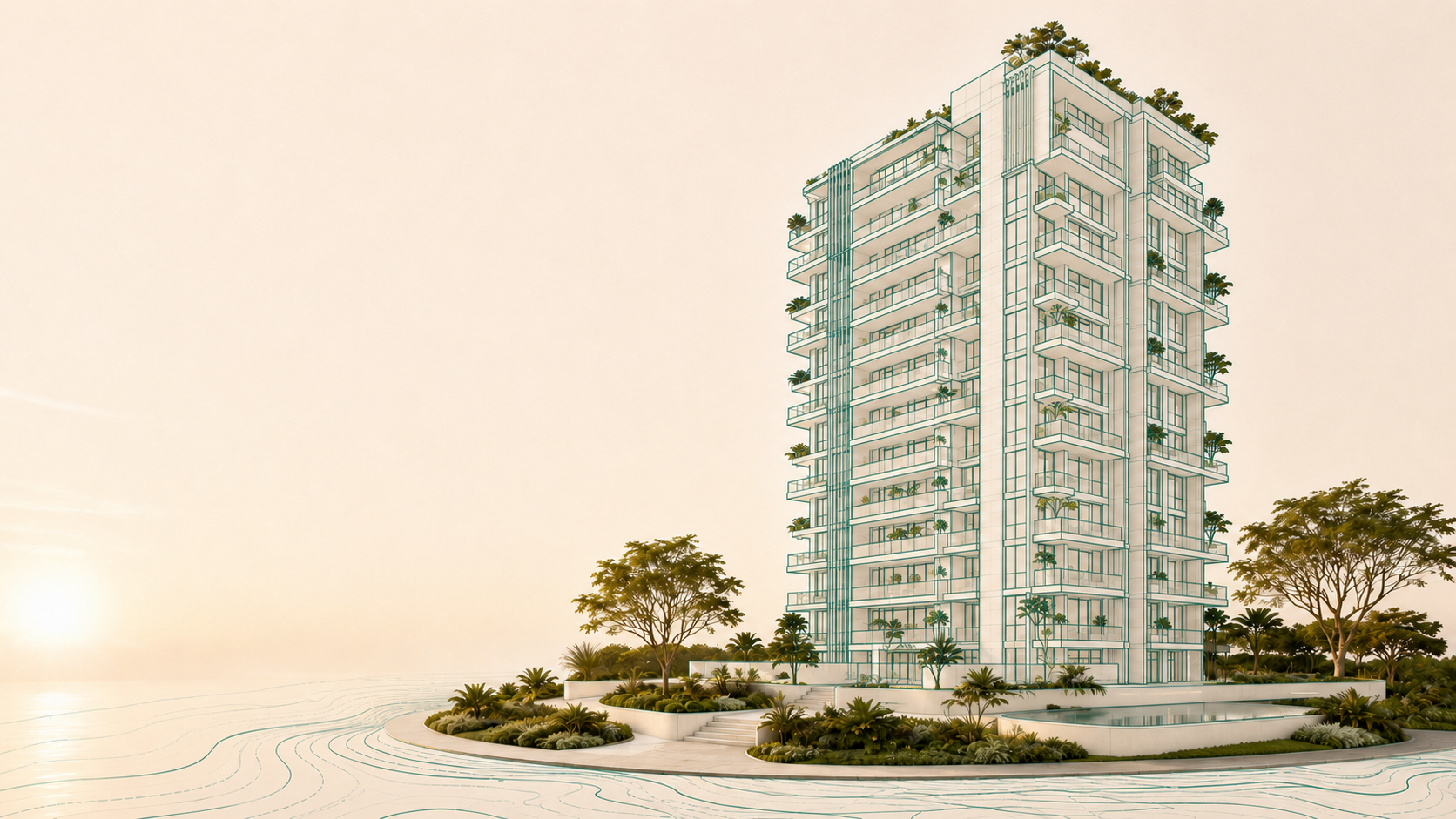Architectural illustration of a modern high-rise residential building surrounded by landscaped greenery