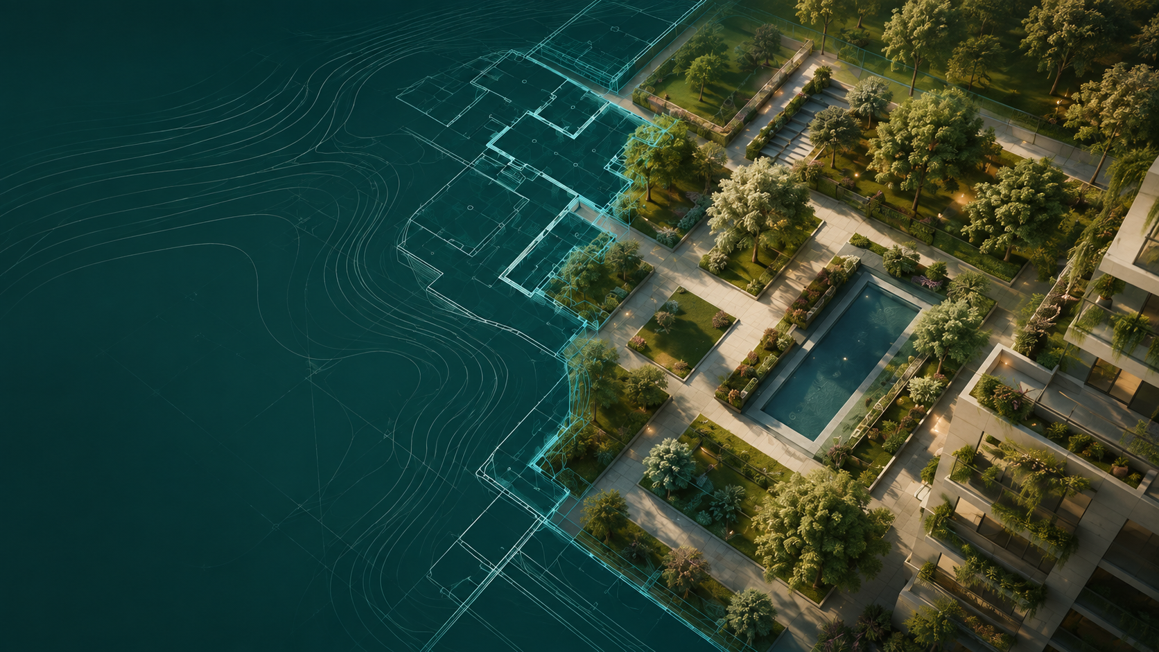 Aerial architectural visualization showing landscaped gardens, pathways, a swimming pool and blue building plans